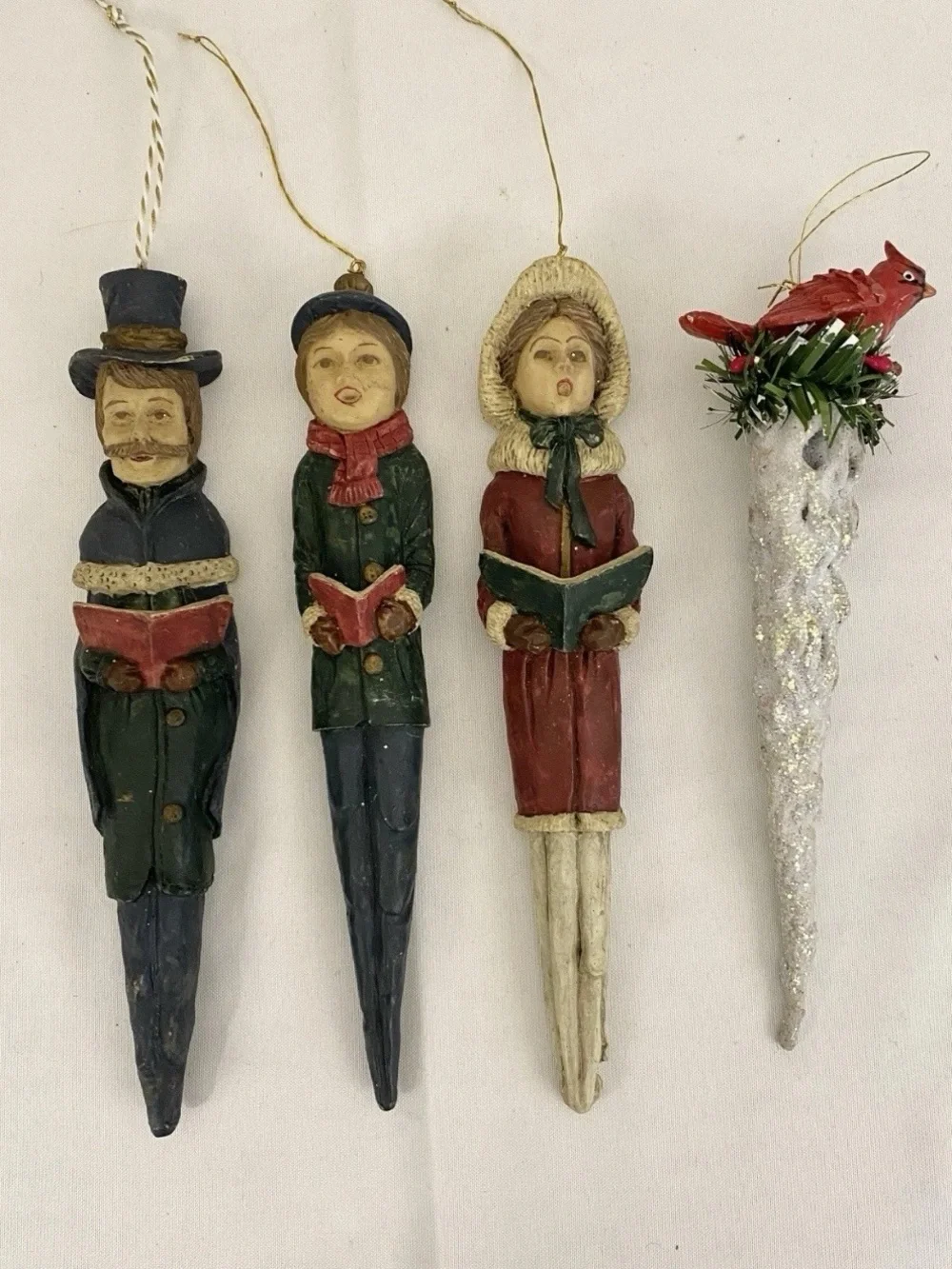 Vintage Style Christmas Icicle Ornaments Choir Carolers Red Cardinal Set of 4
